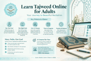 Learn Tajweed online for adults with live one-on-one lessons and step-by-step Quran recitation guidance